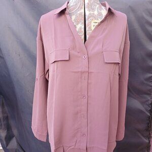 Business Casual  Rose Pink Button Down Blouse Shirt Top